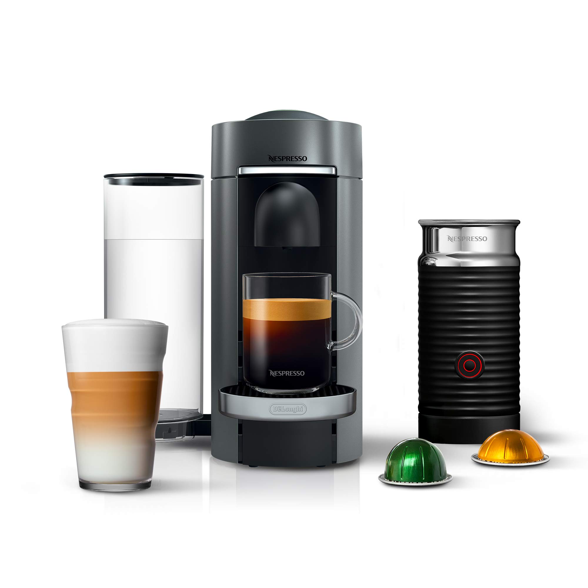 Nespresso De'Longhi VertuoPlus デラックス コーヒー アンド エスプレッソ マシン ミルク泡立て器付き、タイタン、グレー