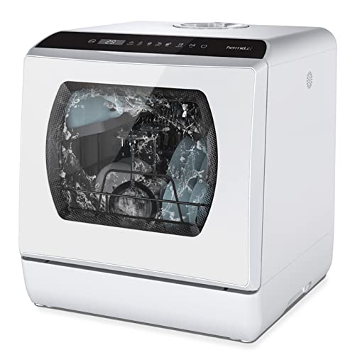Hermitlux カウンタートップ食器洗い機、5つの洗浄プログラム ガラスドア用の5リットル内蔵水タンク付きポータブル食器洗い機