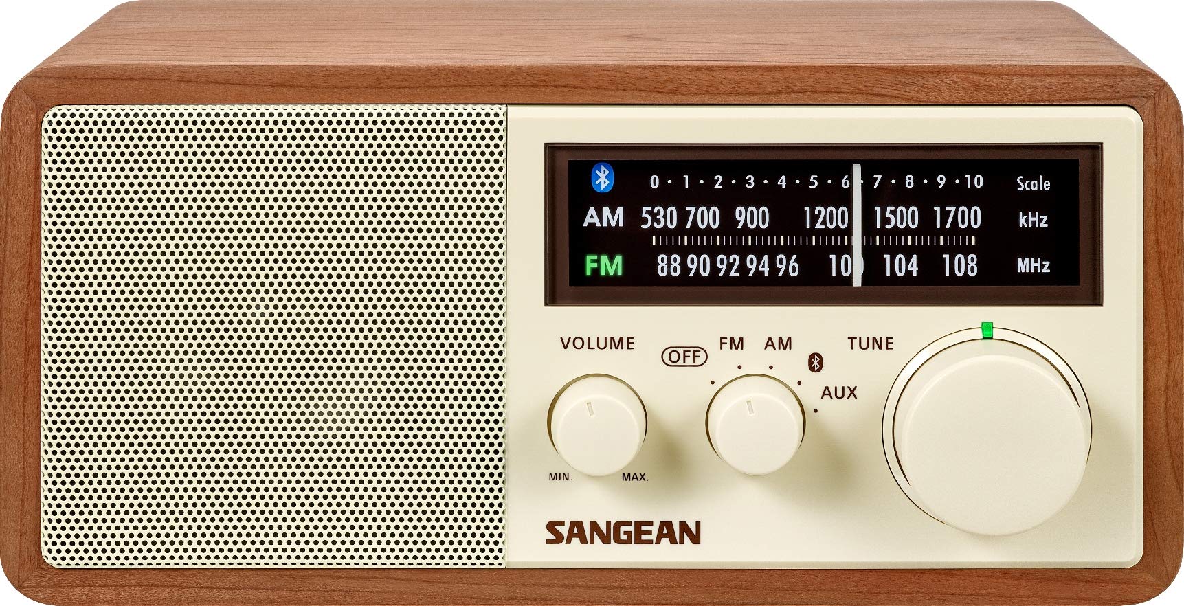 Sangean AM/FM/Bluetooth 木製キャビネットラジオ、USB 電話充電付き