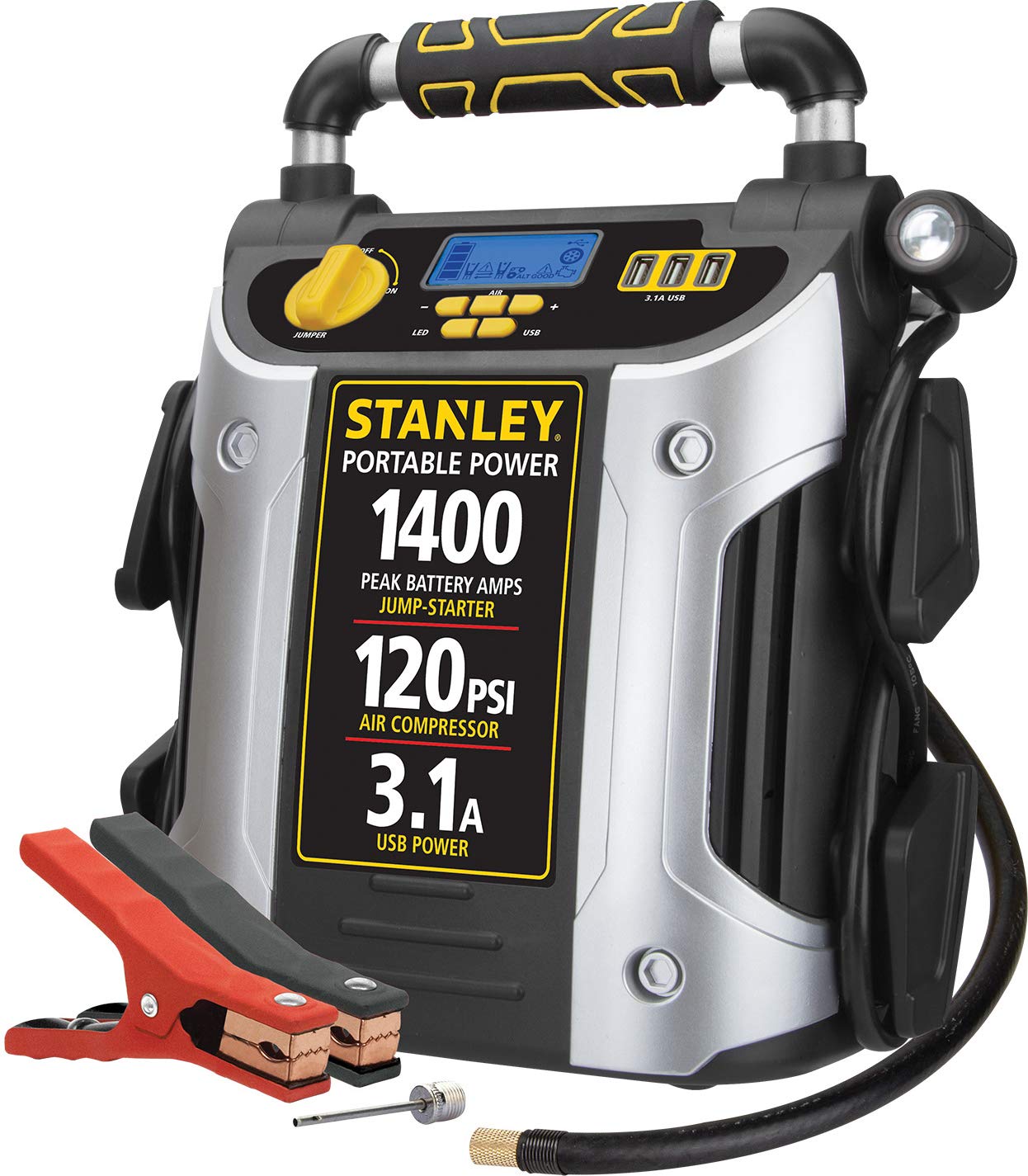 Stanley 1400 ピークアンプ自動車用ジャンプスターター、ポータブルパワートリプル 15W USB ポート、120 PSI エアコンプレッサー