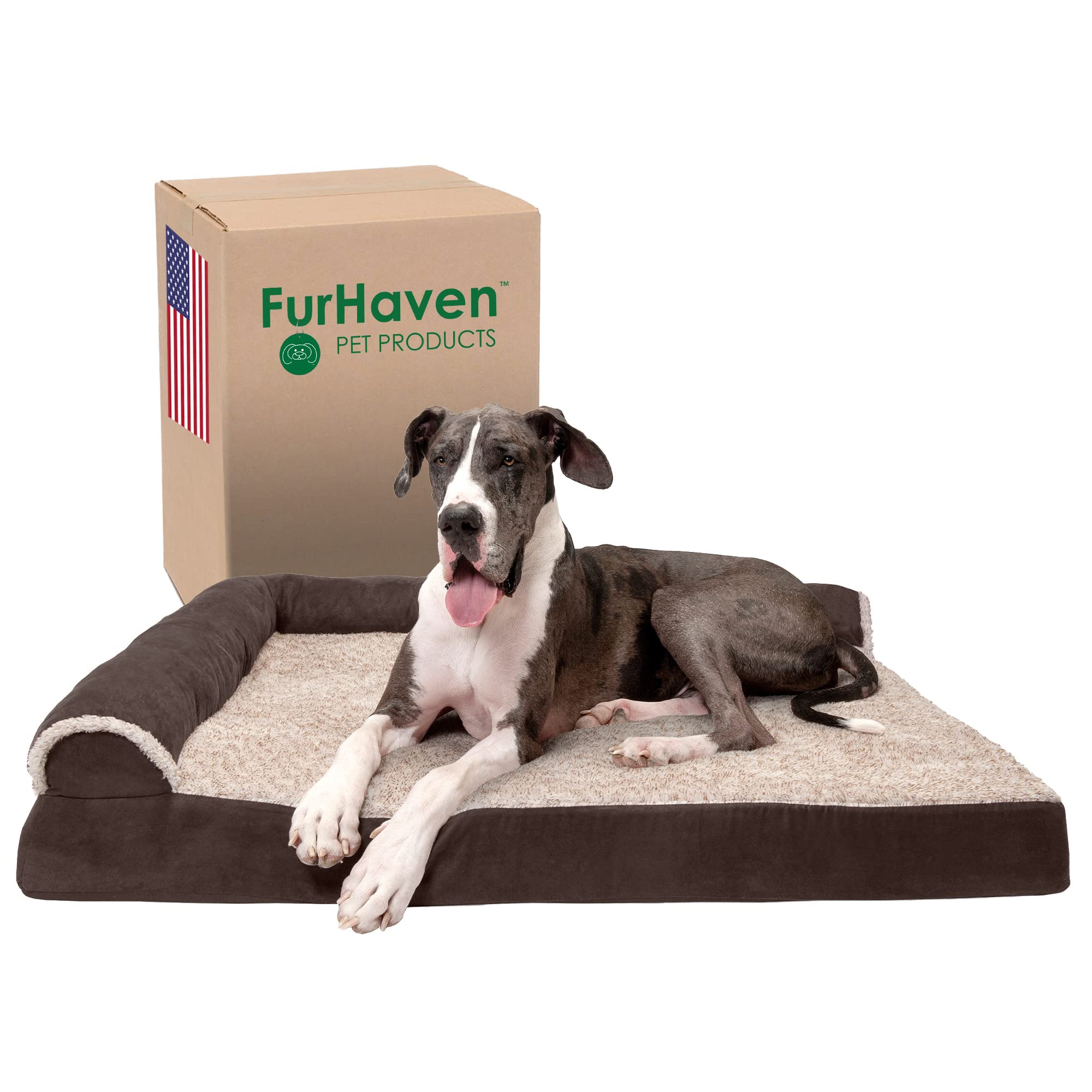  Furhaven 大型犬用整形外科用犬用ベッド 取り外し可能なボルスターと洗えるカバー付き、体重125ポンドまでの犬用 - ツートンカラーの豪華なフェイク...