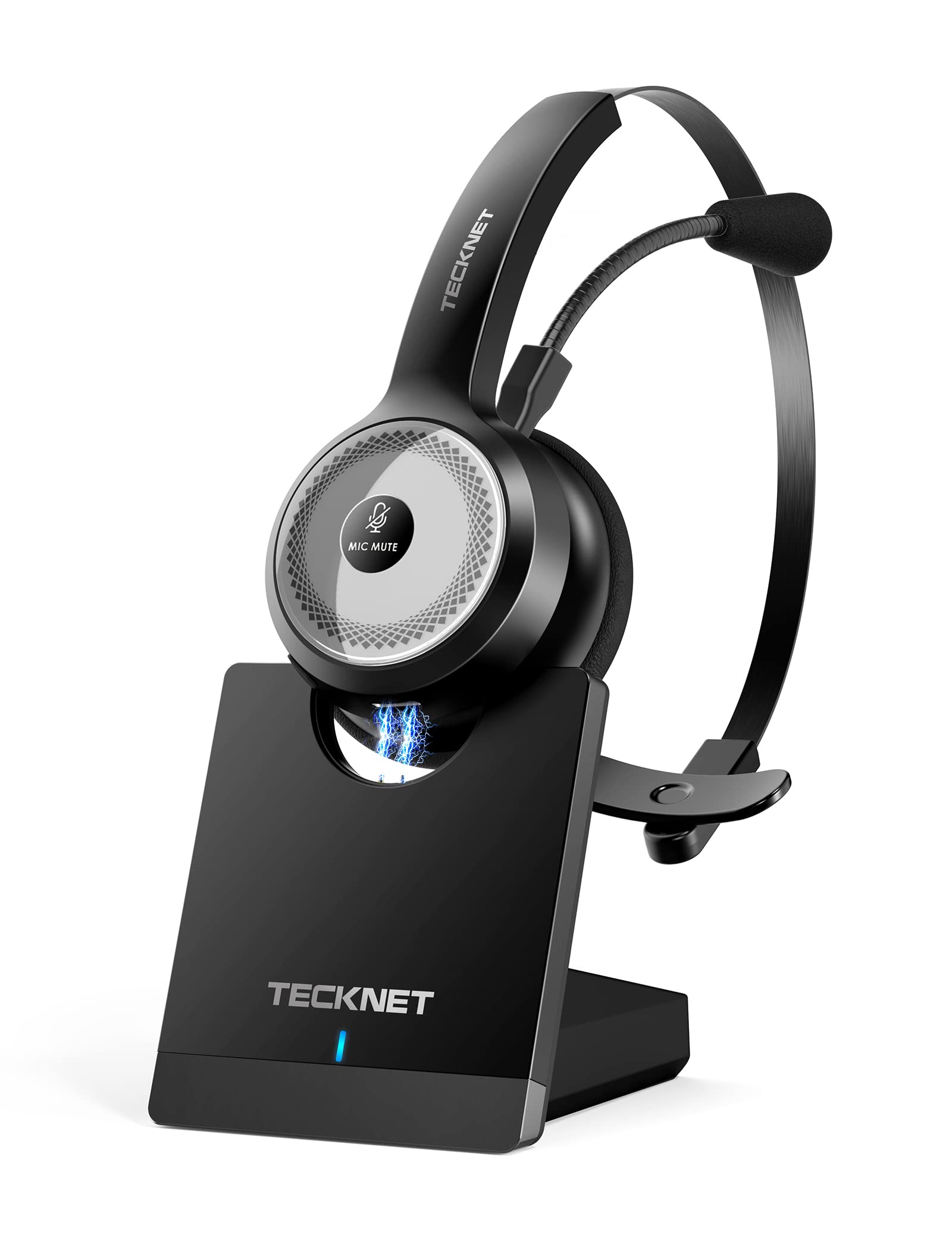  TECKNET ワイヤレス Bluetooth 5.0 ヘッドセット、マイク付き、AI ノイズキャンセリングオンイヤーヘッドフォン、充電ベース付き、PC、携帯電話、コンピ...