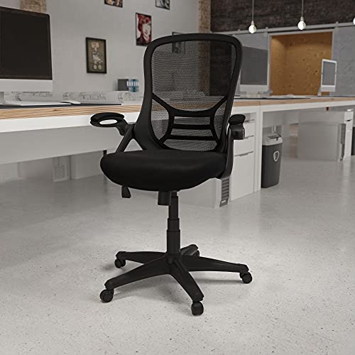 Flash Furniture ハイバックブラックメッシュ人間工学に基づいた回転オフィスチェア、ブラックフレームとフリップアップアーム付き