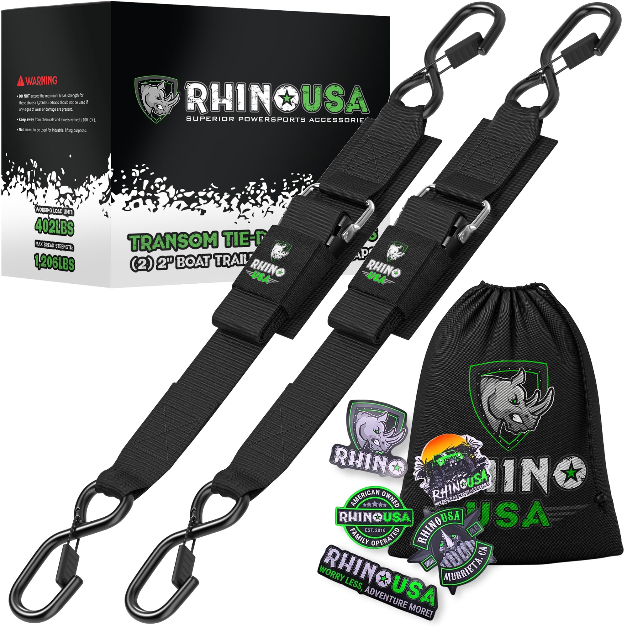 Rhino USA ボートトレーラートランサムストラップ (2PK) - トレーラー用の高耐久 2 インチ x 48 インチの調節可能なストラップ