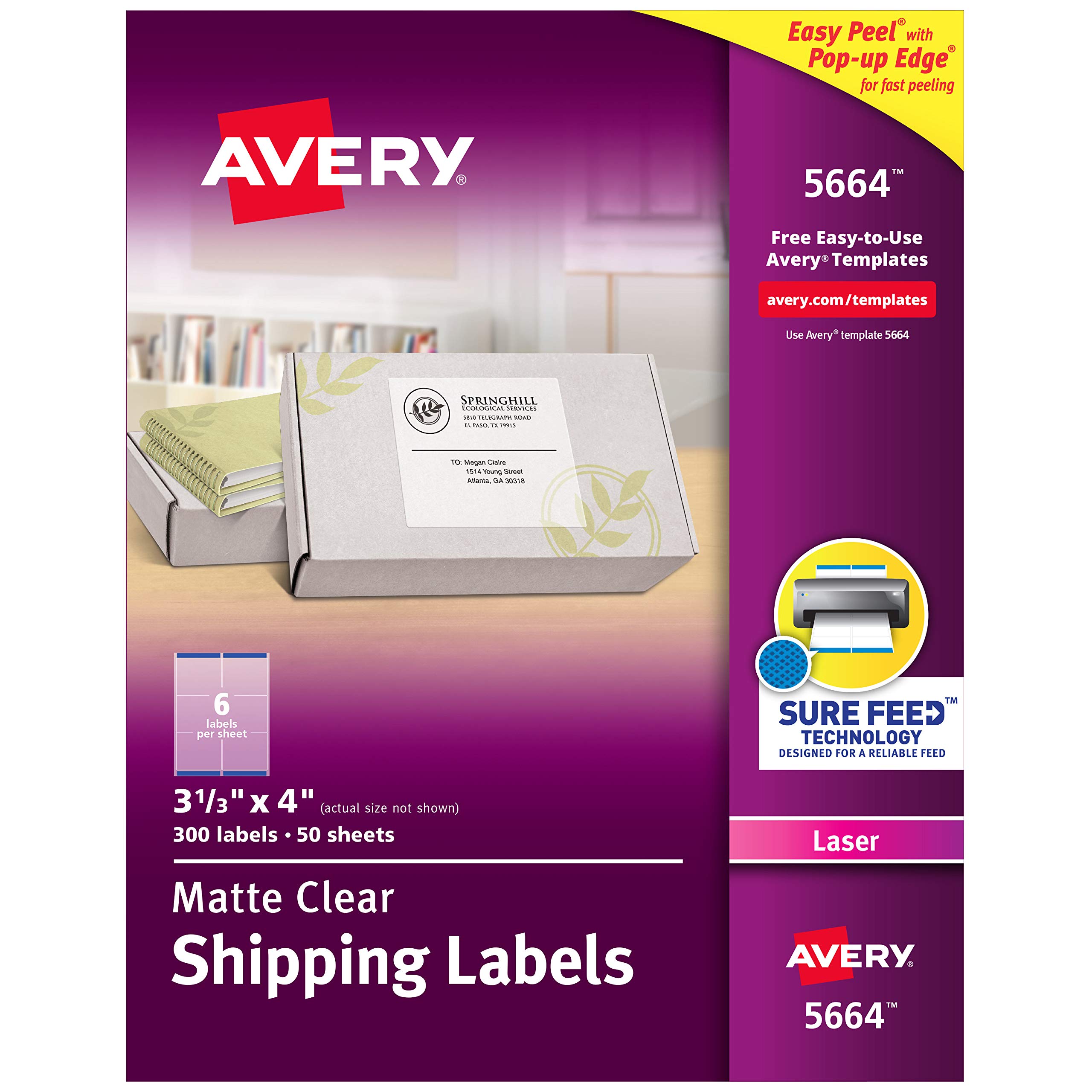 Avery レーザープリンター用マットフロストクリアアドレスラベル、3-1/3 インチ x 4 インチ、300 ラベル、5 パック (5664)