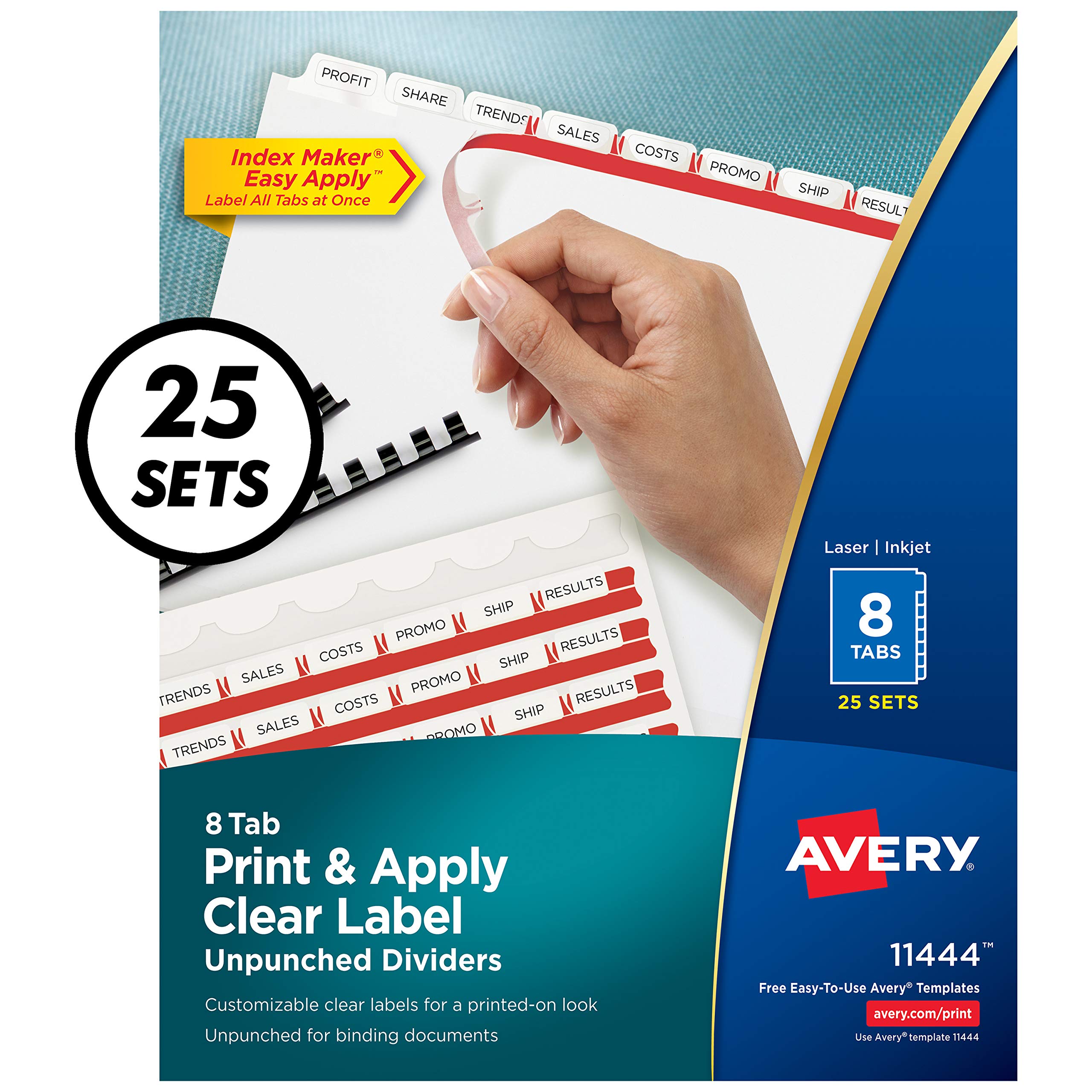 Avery 8タブ パンチなしバインダーディバイダー、簡単に印刷して貼れる透明ラベルストリップ、インデックスメ...