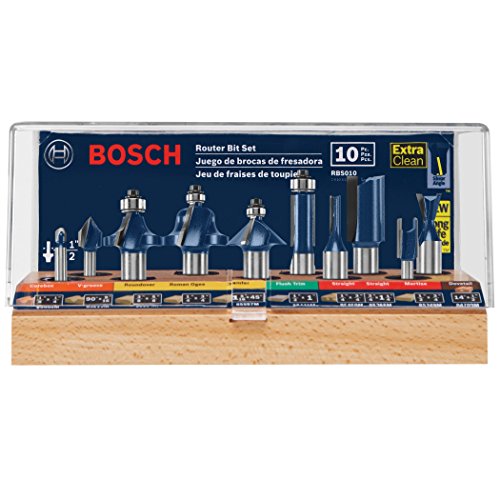 Bosch RBS010 1/2 インチおよび 1/4 インチシャンク超硬チップ汎用プロフェッショナルルータービットセット、10 個