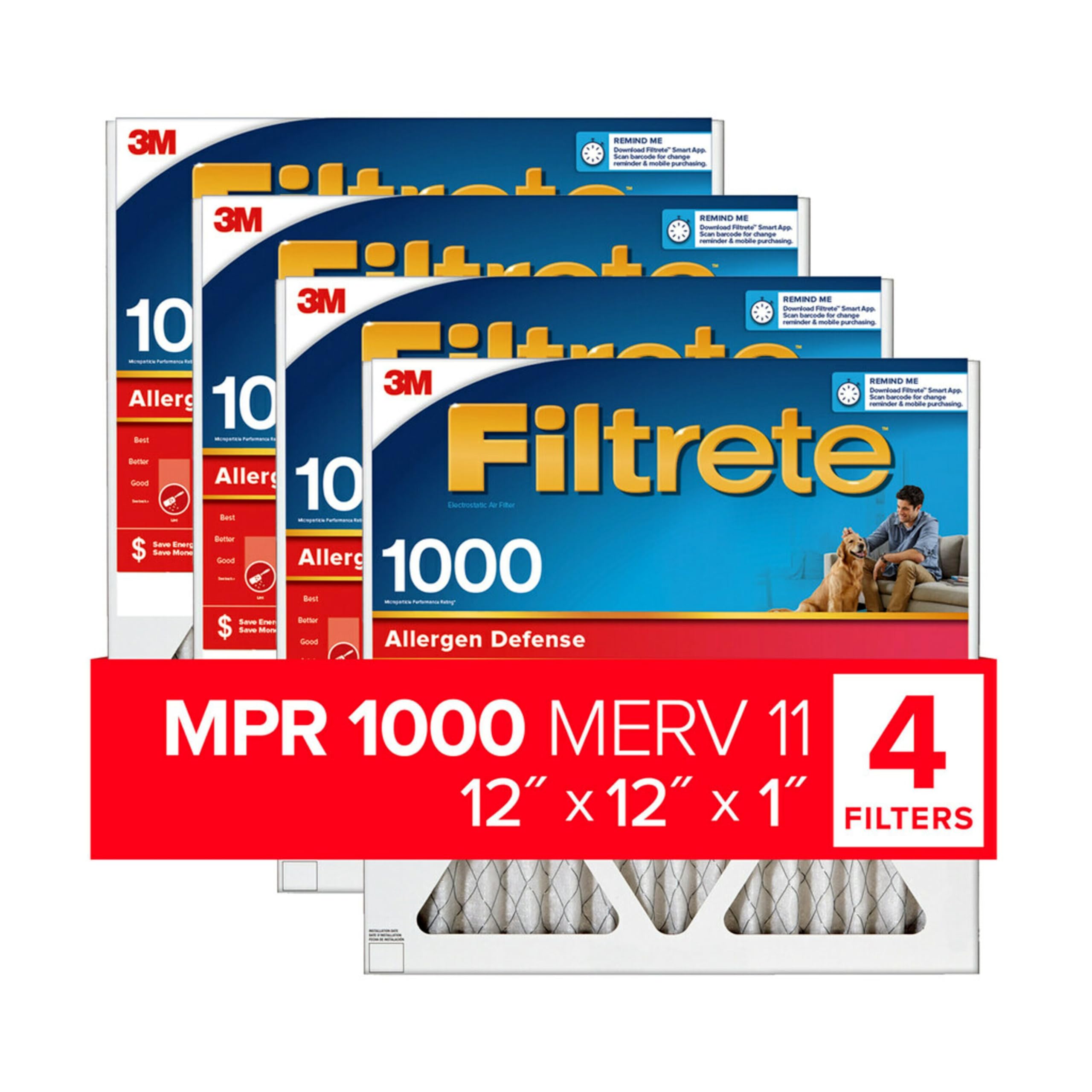 Filtrete 12x12x1 エアフィルター、MPR 1000、MERV 11、マイクロアレルゲン防御 3 か月プリーツ 1 インチ エアフィルター、フィルター 4 枚