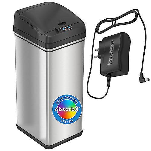 iTouchless 13ガロンセンサーゴミ箱 電池不要の自動ゴミ箱 臭気フィルター付き キッチンとオフィス用 ブラックとステンレススチール ACアダプター