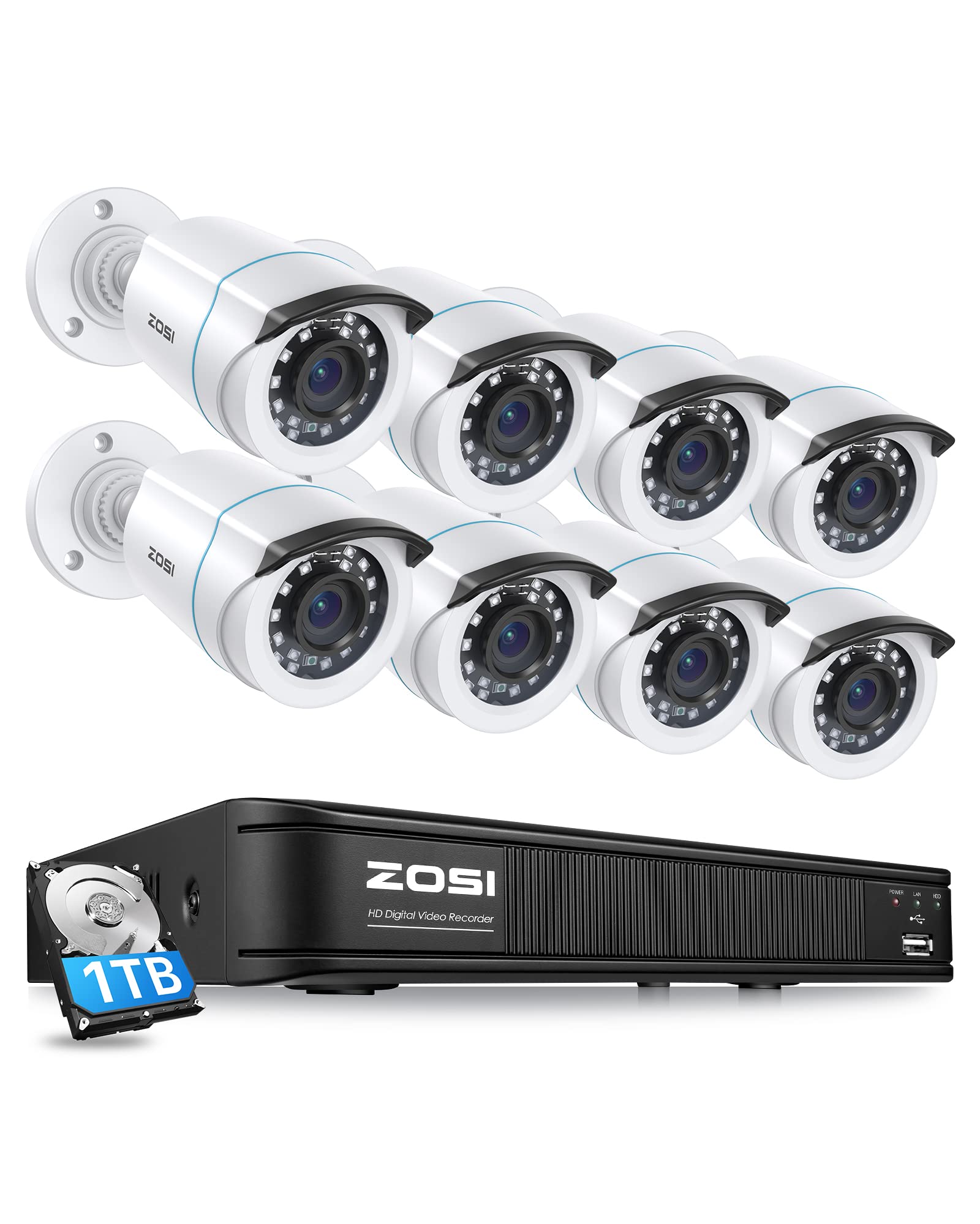  ZOSI 1080P H.265+ ホームセキュリティカメラシステム、5MP Lite 8 チャンネル CCTV DVR レコーダー、ハードドライブ 1TB および 8 x 1080p 耐候性バレットカメラ...