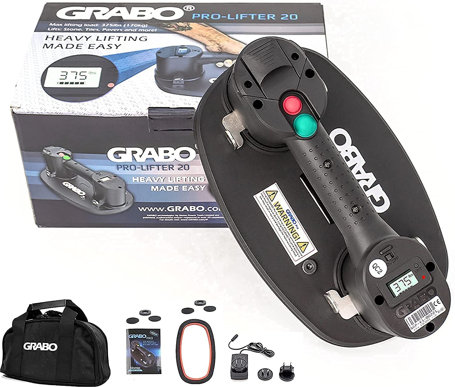  GRABO PRO-Lifter-20 電気真空吸盤 (2021) タイル、石、木材、ガラス、コンクリート舗装機、乾式壁用。自動シャットオフスイッチ付きで最大375ポンドまで...