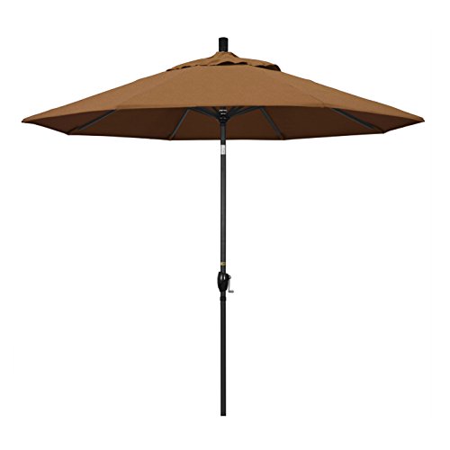 California Umbrella 9 'ラウンドアルミニウムマーケット傘、クランクリフト、プッシュボタンチルト、ブラックポール、サンブレラチーク