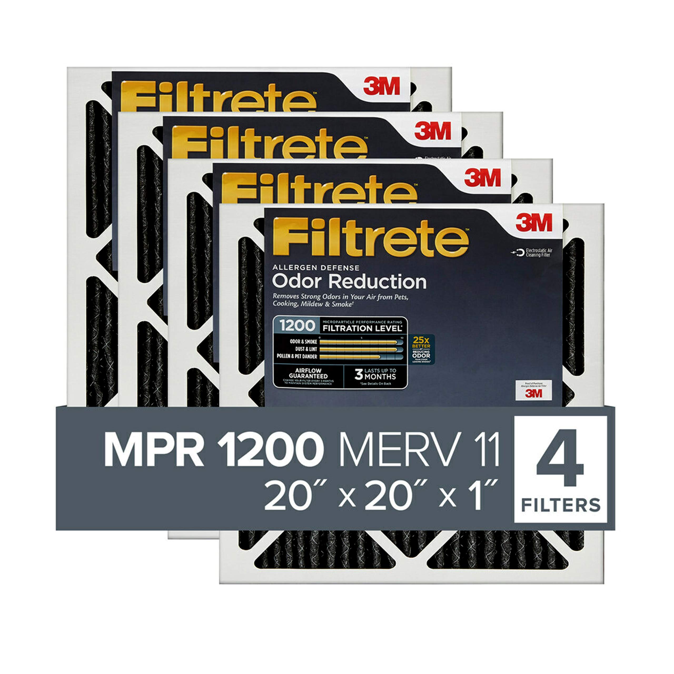 Filtrete 20x20x1 エアフィルター MPR 1200 MERV 11、アレルゲン防御臭気低減、4 パック (正確な寸法 19.69x19.69x0.81)
