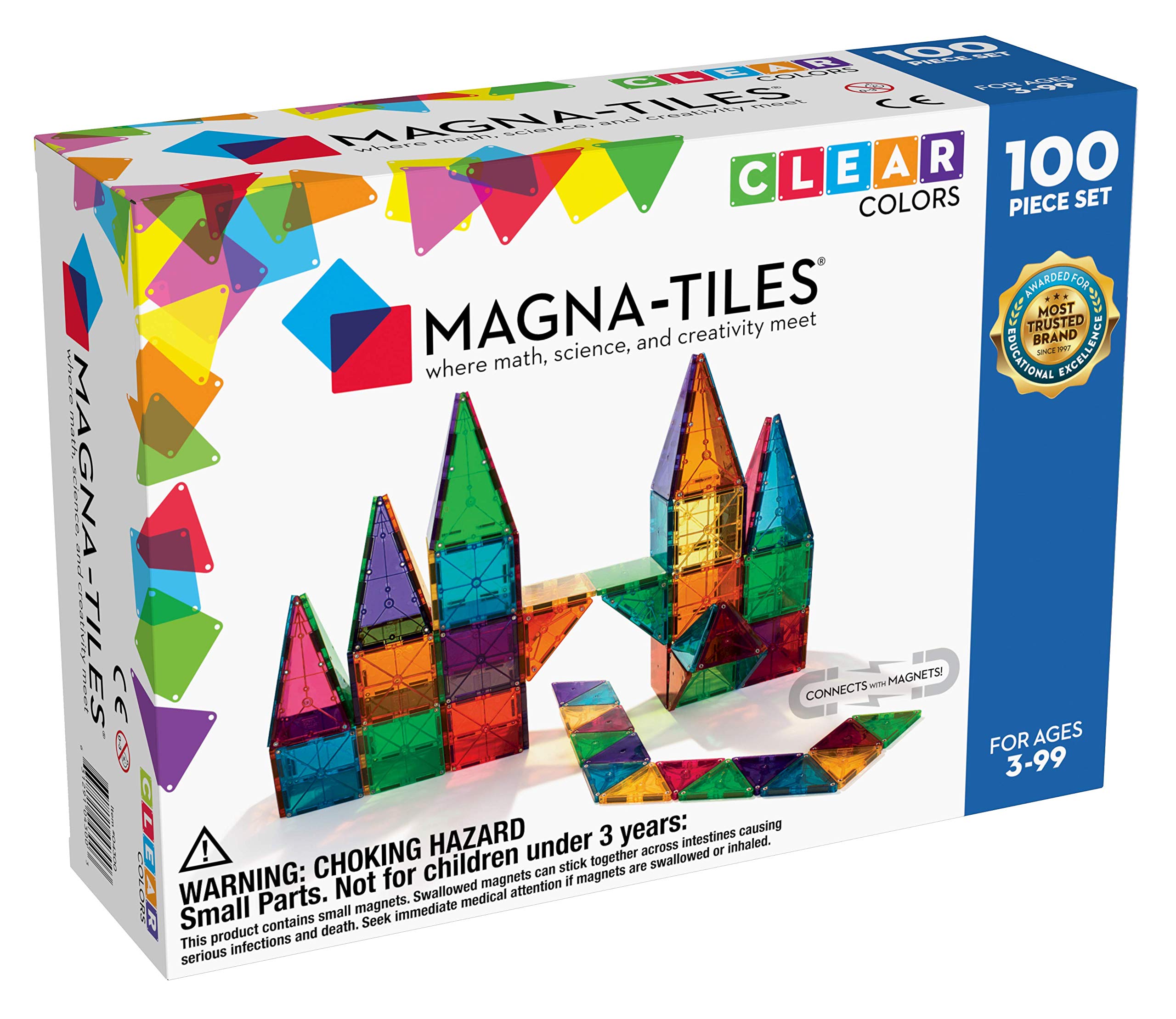  Magna Tiles Magna-Tiles 100 ピース クリア カラー セット、クリエイティブな自由な遊びのためのオリジナルの磁気建築タイル、3 歳以上の子供向けの知育玩具...