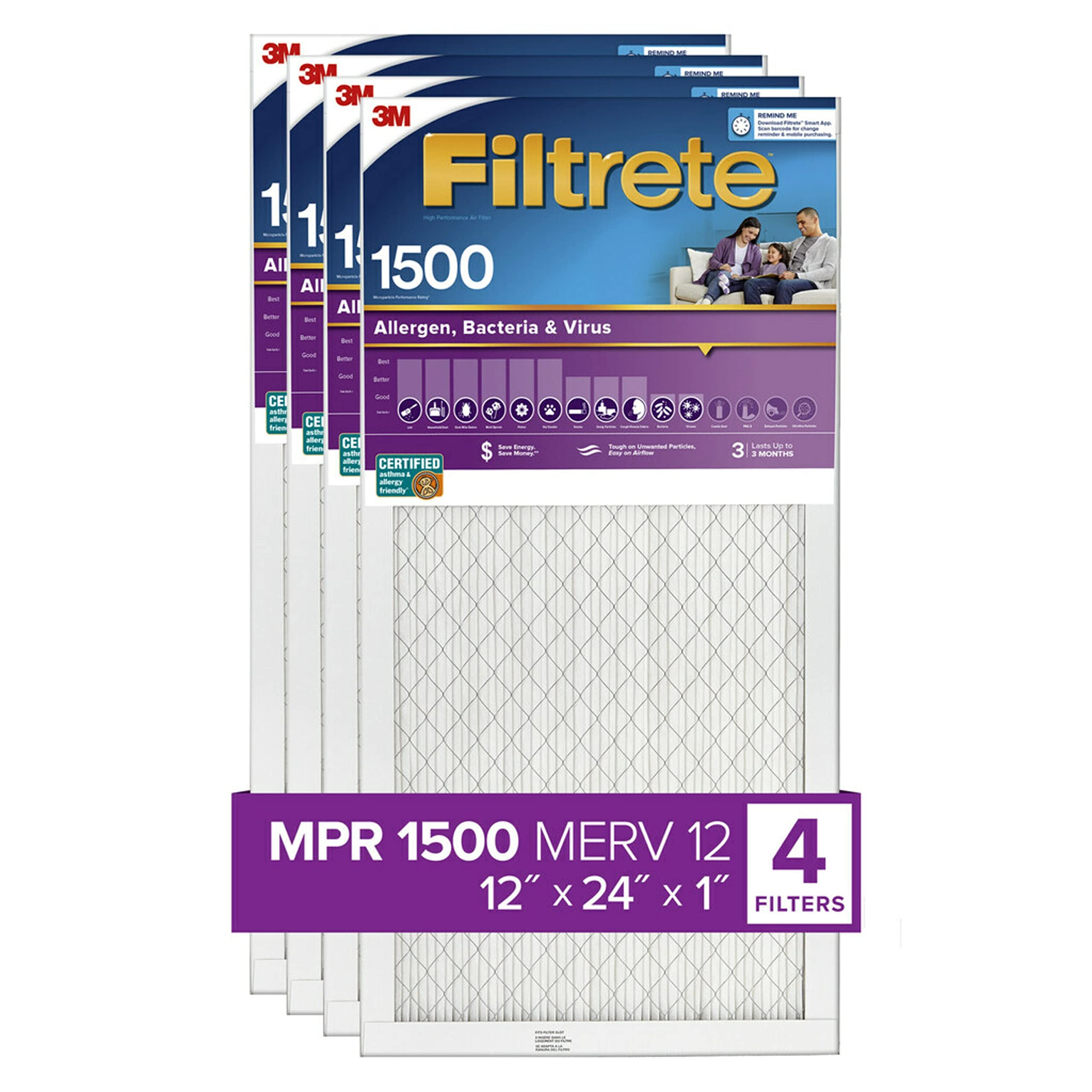 Filtrete 12x24x1 エアフィルター、MPR 1500、MERV 12、ヘルシーリビングウルトラアレルゲン 3 か月プリーツ 1 インチエアフィルター、フィルター 4 枚