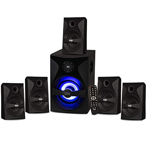  Acoustic Audio by Goldwood LEDライトディスプレイ、FMチューナー、USBおよびSDカード入力を備えたBluetooth 5.1サラウンドサウンドシステム-6ピースホームシア...
