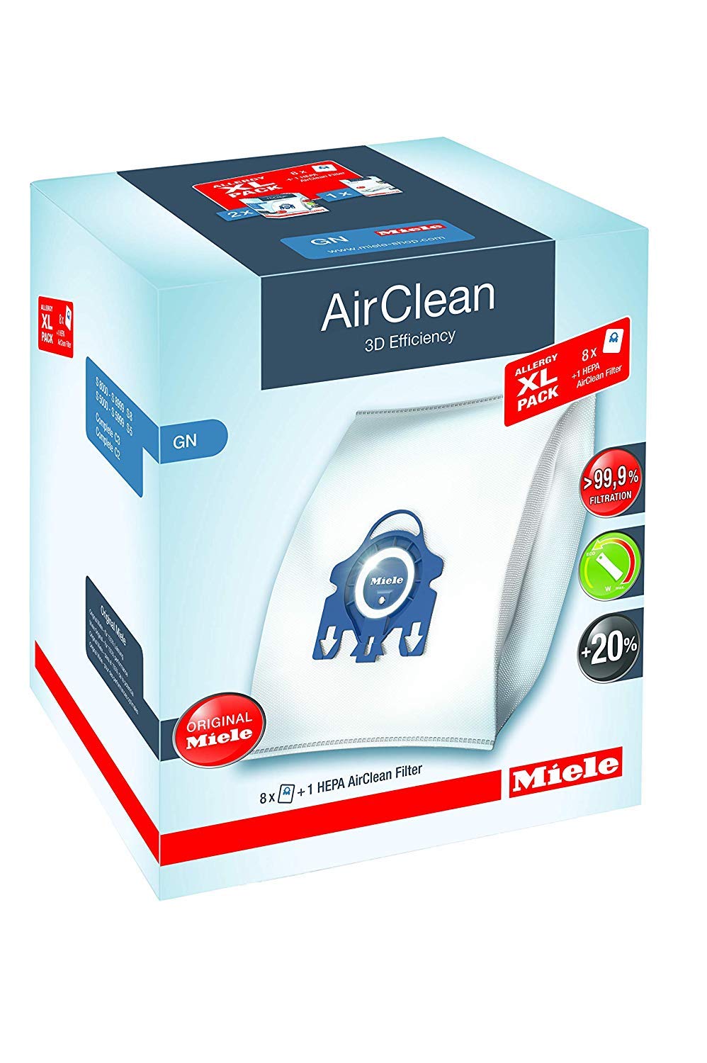 Miele AirClean 3D 効率ダストバッグ、タイプ GN、アレルギー XL パック、バッグ 8 個、プレモーター フィルター 2 個、および HEPA フィルター 1 個