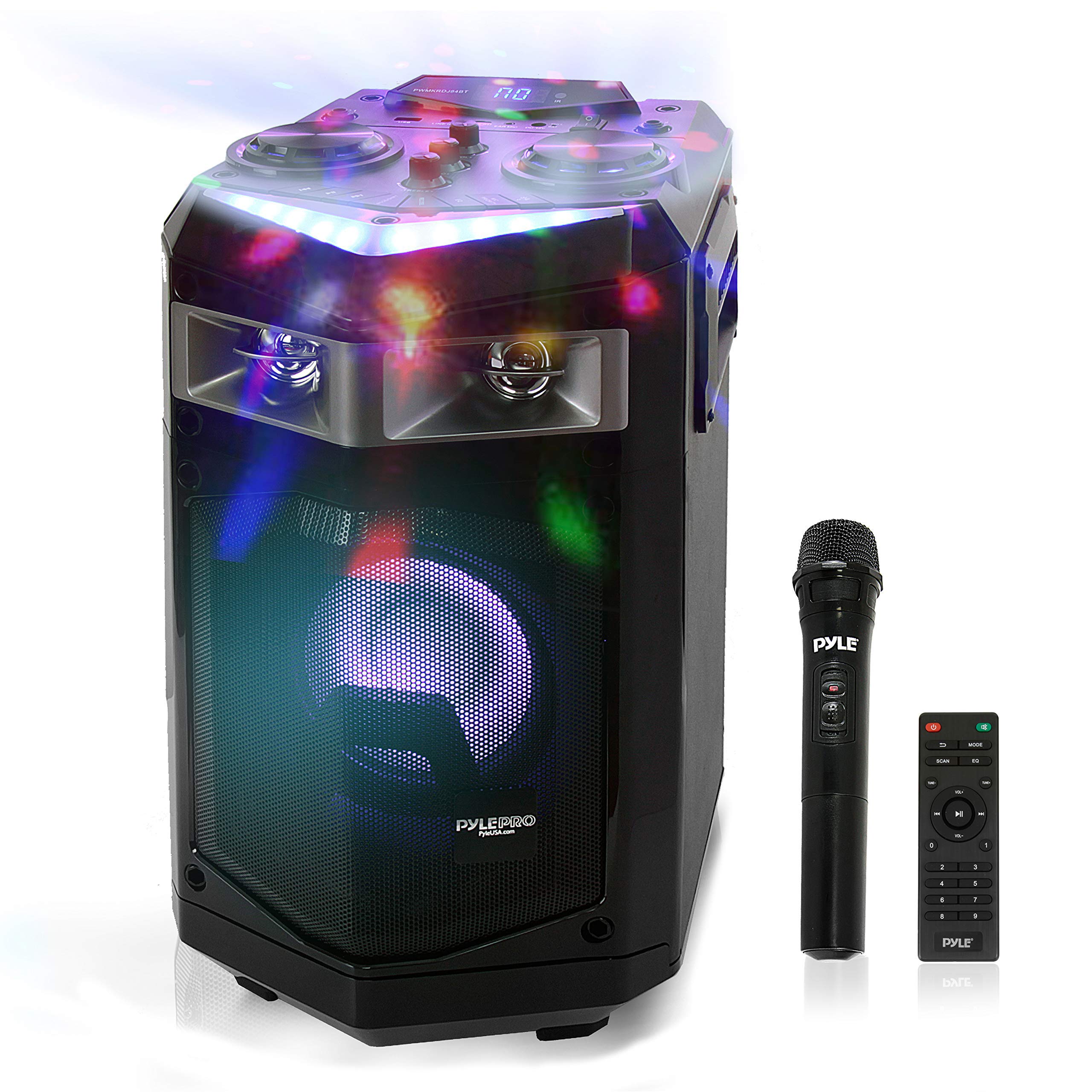  Portable PA Speaker 電源付き充電式屋外スピーカーマイクセット、マイクトークオーバーMP3 USB SD FMラジオAUX、LED DJライト、ブラック、PWMKRDJ84BT (システム-500W...