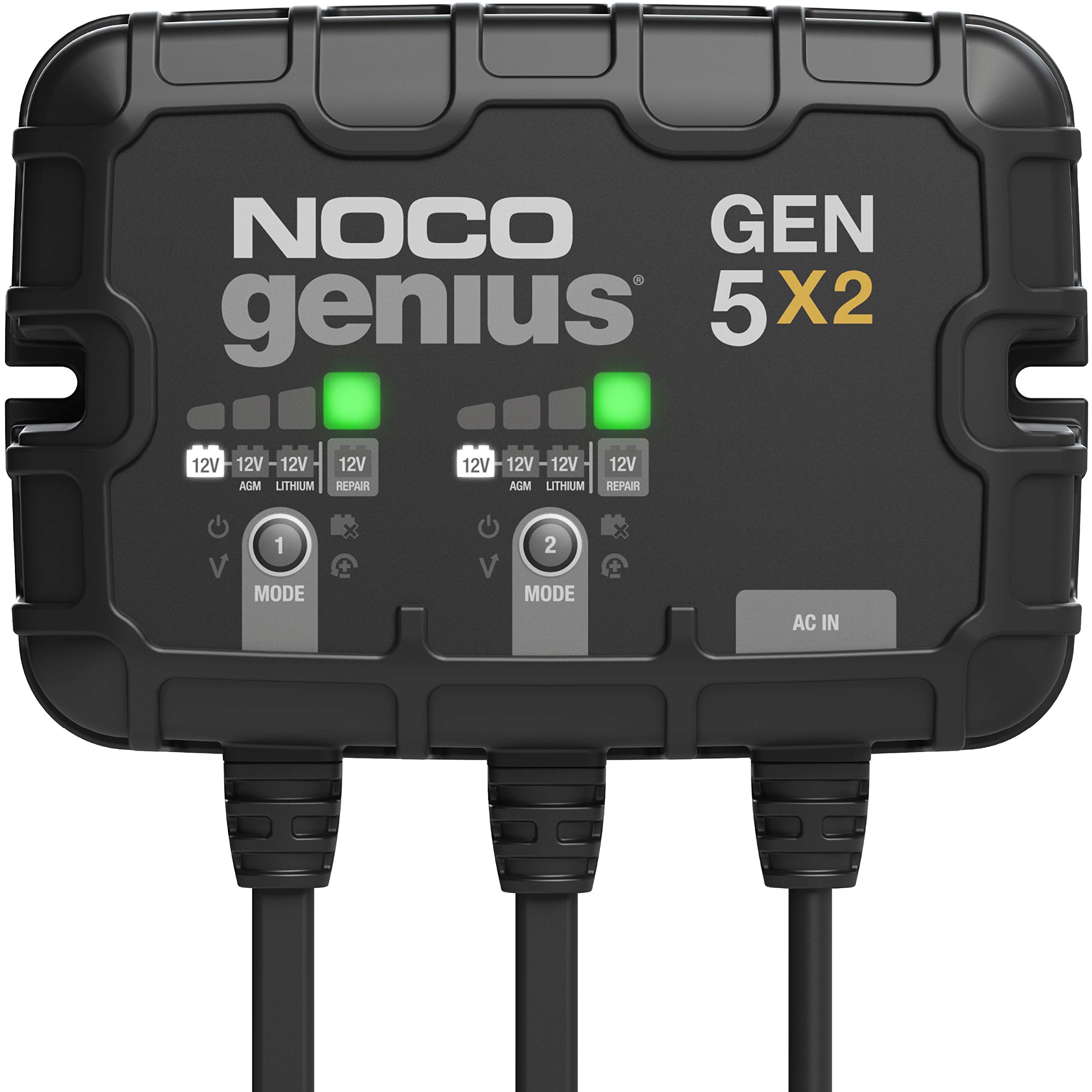  NOCO Genius GEN5X2、2バンク、10A (5A/バンク) スマートマリンバッテリー充電器、12V防水オンボードボート充電器、AGM、リチウム(LiFePO4)、およびディープ...