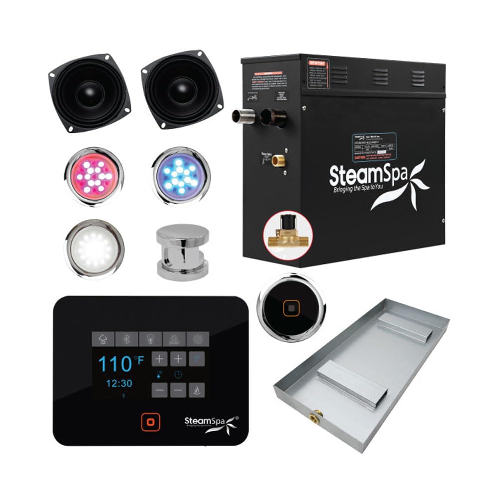  SteamSpa Steam Shower Generator Kit System | Polished Chrome Shower Head + Self Drain Combo | Enclosure Steamer Sauna Spa Stall Package | Touch Screen Wifi App/Bluetooth Control Panel | 9kW Raven |...