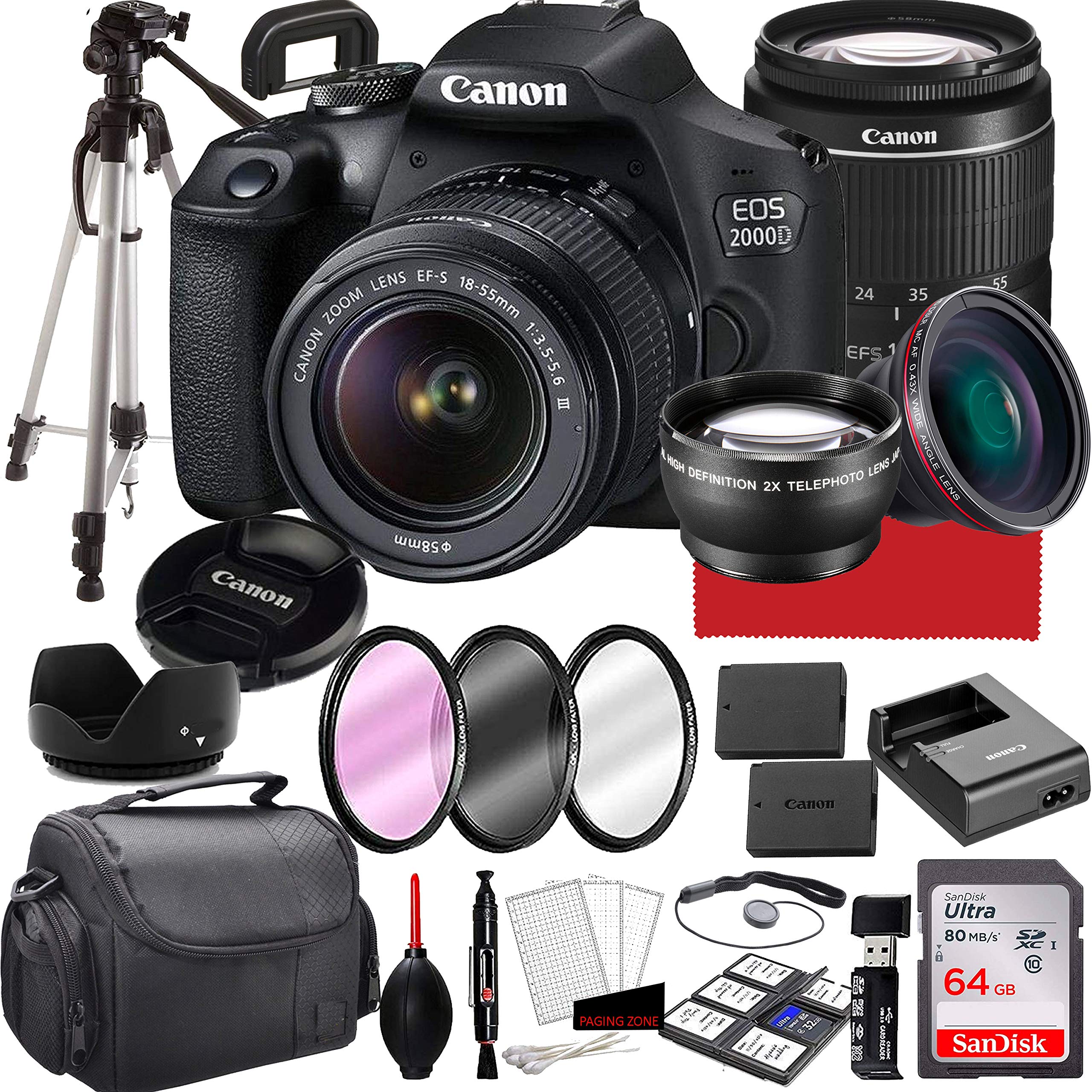 Canon EOS 2000D (Rebel T7) デジタル一眼レフカメラ、18-55mm f/3.5-5.6 ズームレンズ、64GB メモリ、ケース、三脚など (28 個バンドル)