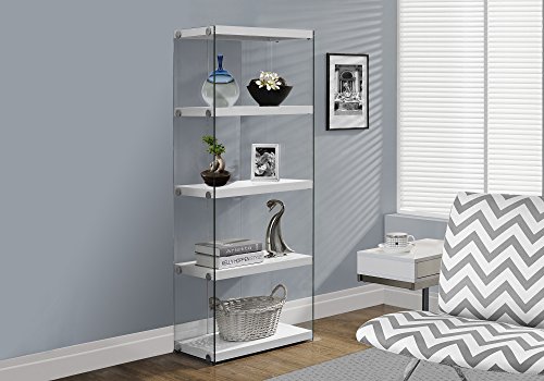 Monarch Specialties I Bookcase-5-Shelf Etagere Bookcase Contemporary Look with Tempered Glass Frame Bookshelf、60'H、（White）