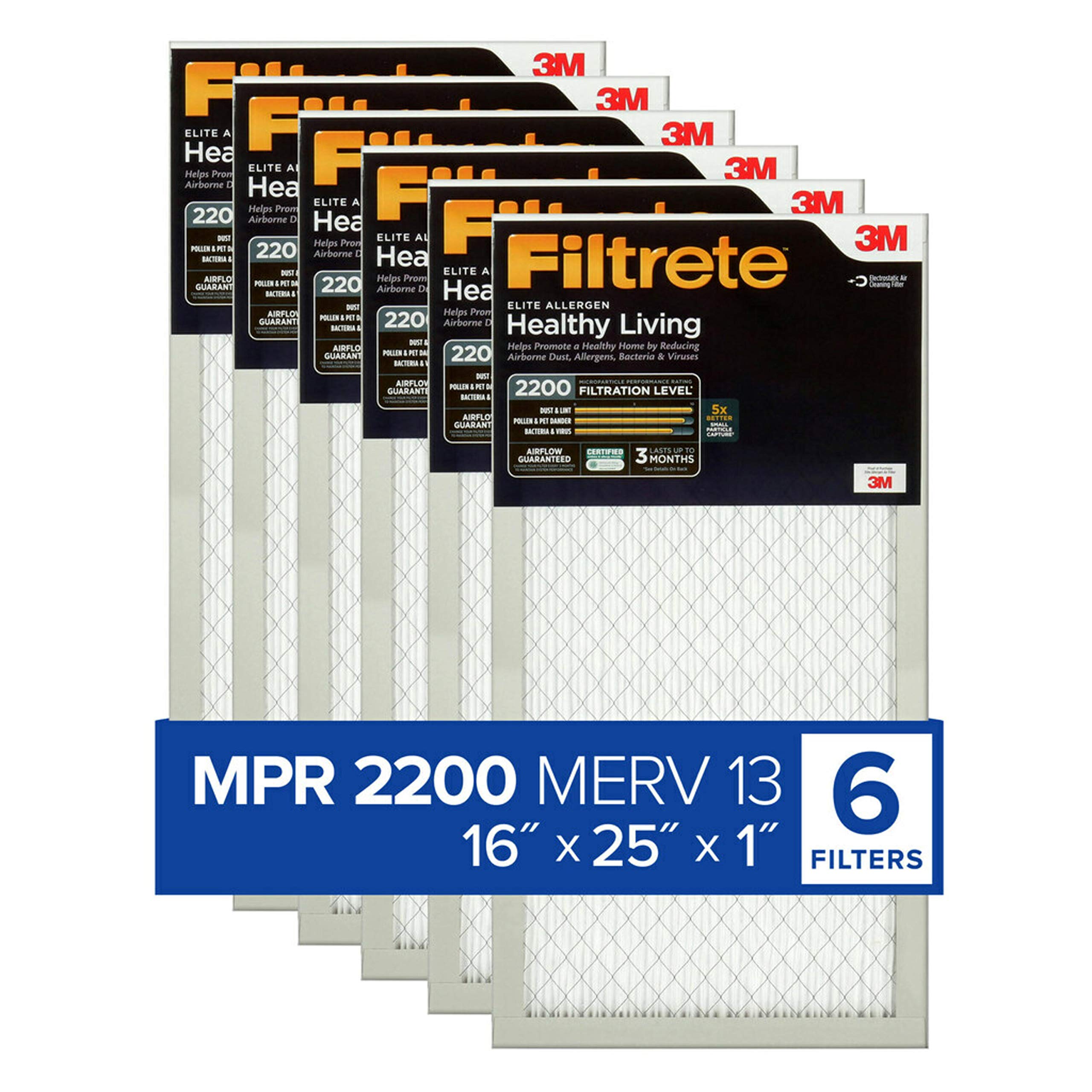 Filtrete 16x25x1 エアフィルター、MPR 2200、MERV 13、ヘルシーリビングエリートアレルゲン 3 か月プリーツ 1 インチエアフィルター、フィルター 6 枚