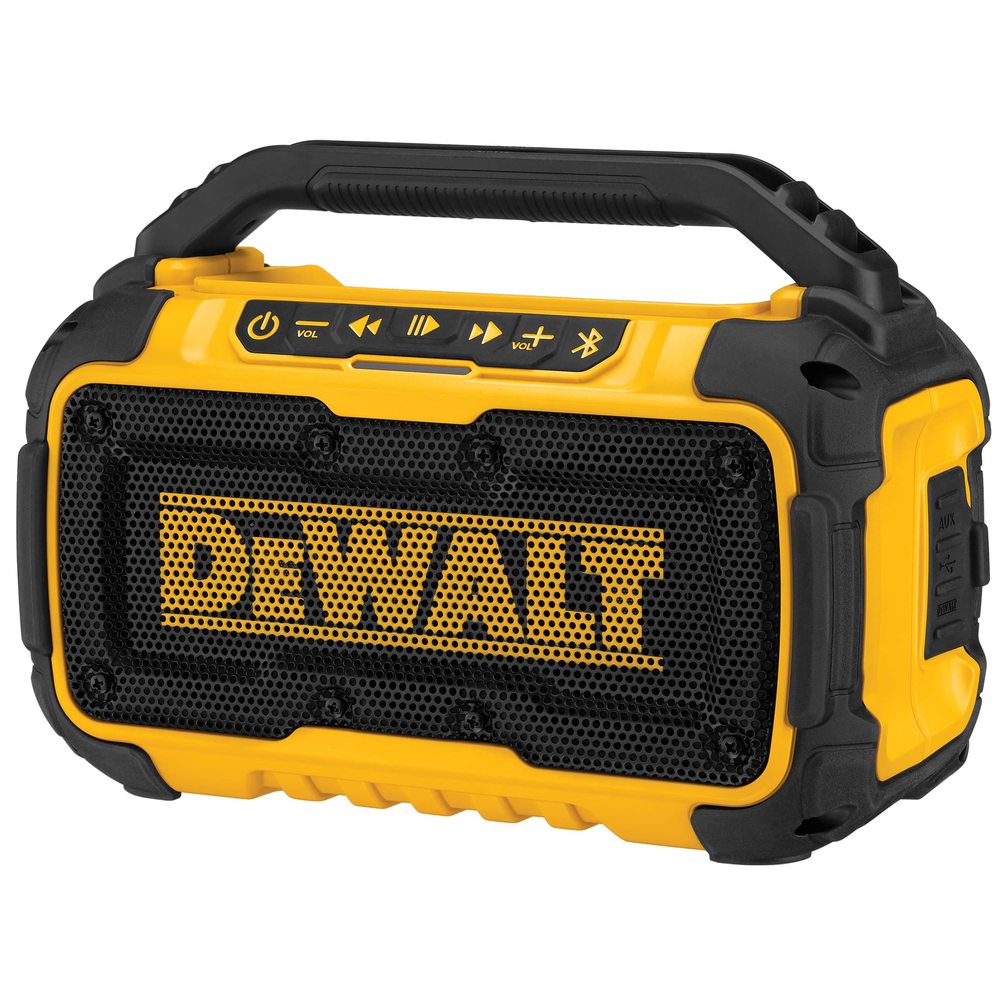 DEWALT 最大 20V Bluetooth スピーカー、範囲 100 フィート、現場での耐久性、電話ホルダー付属、1 回の充電で 8 ～ 10 時間持続 (DCR010)、イエロー/ブラック