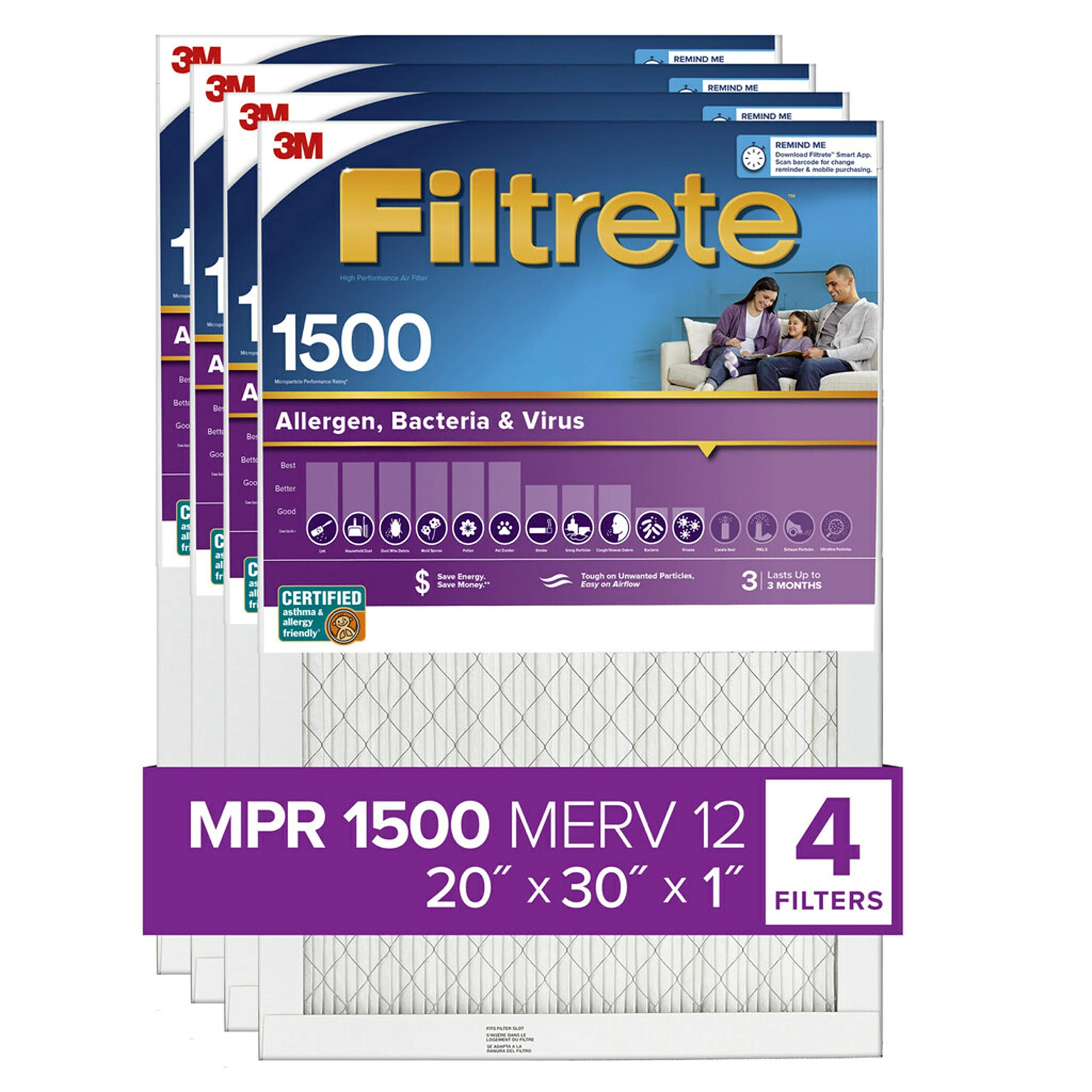 Filtrete 20x30x1 エアフィルター、MPR 1500、MERV 12、ヘルシーリビングウルトラアレルゲン 3 か月プリーツ 1 インチエアフィルター、フィルター 4 枚