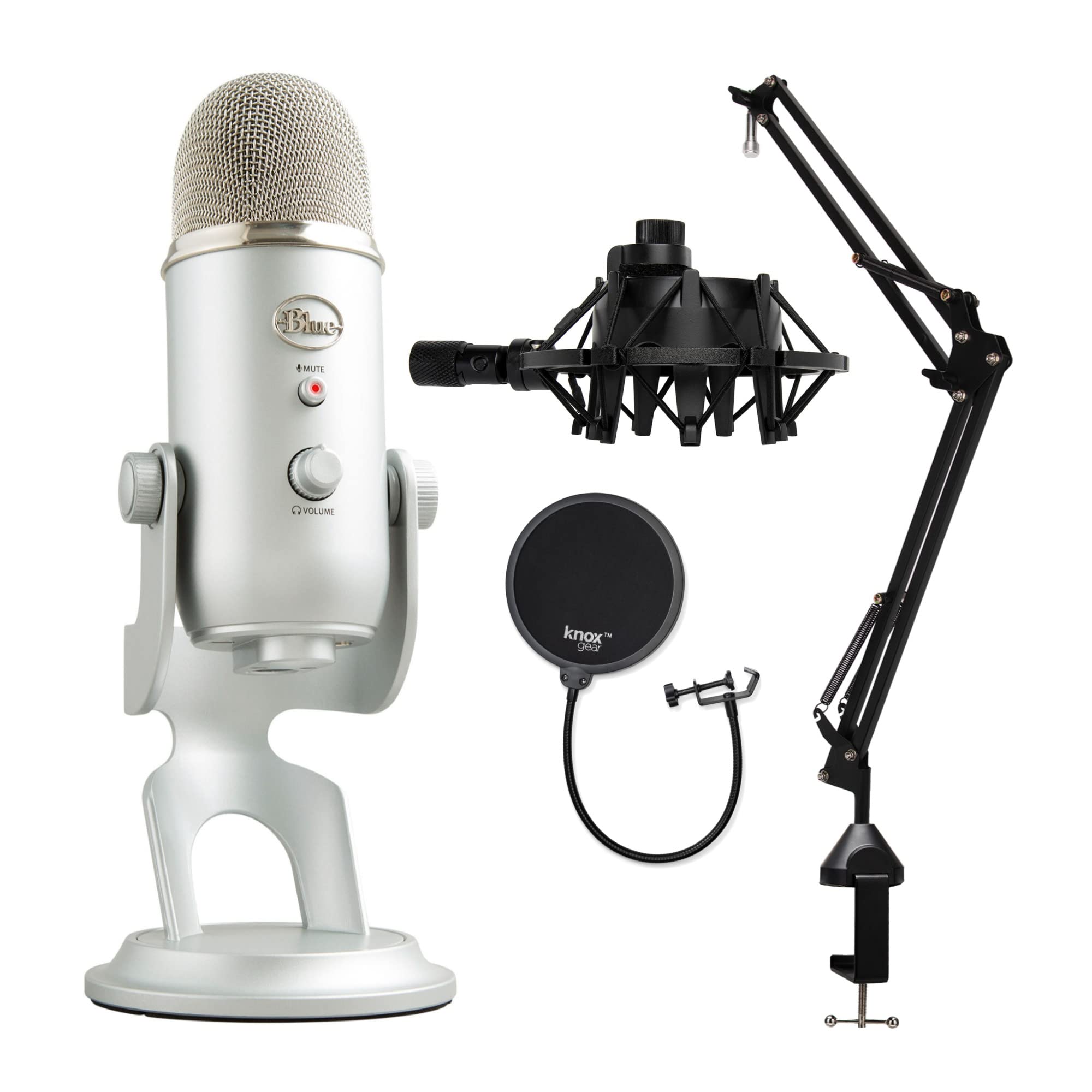 BLUE MICROPHONES Blue Microphone Yeti USB マイク バンドル、Knox ショック マウント、スタジオ スタンド、ポップ フィルター付き (4 アイテム)