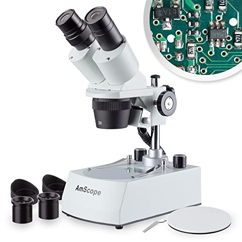  AmScope SE306R-PZ-LED 前方取り付け双眼実体顕微鏡、WF10x および WF20x 接眼レンズ、20X/40X/80X 倍率、2X および 4X 対物レンズ、上部および下部 LED 照明、リ...
