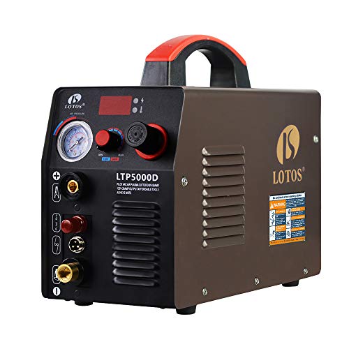 LOTOS LTP5000D 50Amp ノンタッチ パイロット アーク プラズマ カッター、デュアル電圧 110V/220V、1/2 インチ クリーン カット、ブラウン