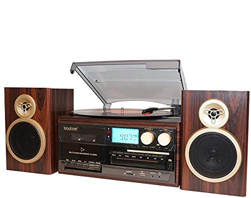  Boytone BT-28SPM、AM/FM ラジオ付き Bluetooth クラシック スタイル レコード プレーヤー ターンテーブル、CD / カセット プレーヤー、2 つの独立したステレオ...