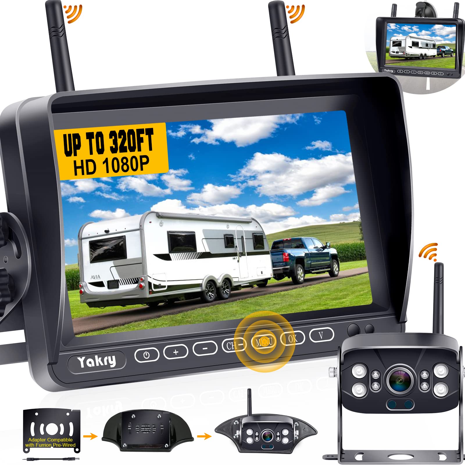  Yakry RV バックアップカメラ ワイヤレス HD 1080P 7 インチタッチキー DVR モニター RV、キャンピングカー、トレーラー、トラック用 ファーリオン配線済み...