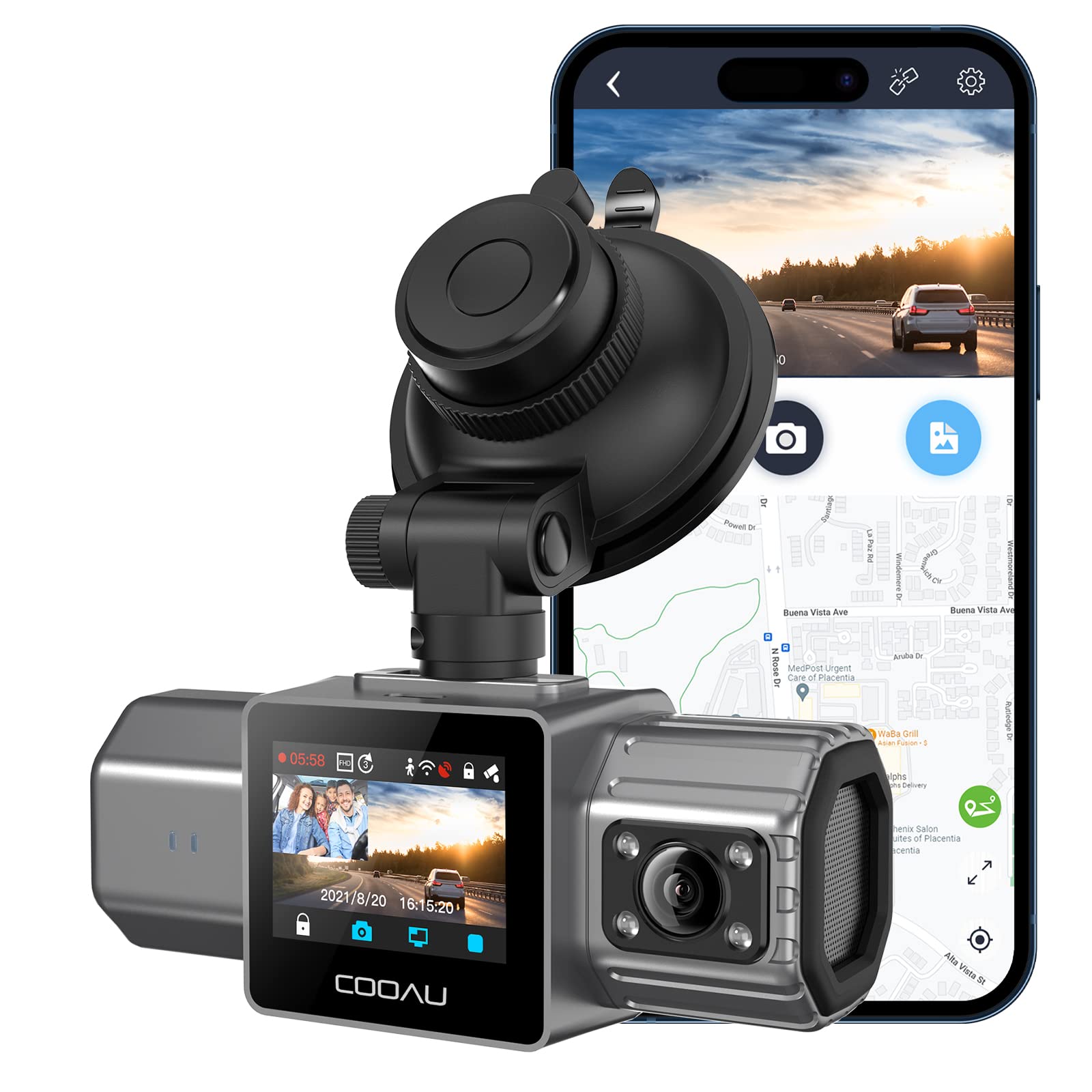  COOAU GPS内蔵デュアルダッシュカム、車用1080Pフロントおよび車内WiFiダッシュカメラ、ソニーセンサー、スーパーキャパシタ、4 IRナイトビジョン、G...