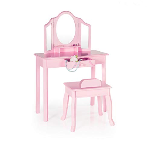 Guidecraft 洗面化粧台とスツール-ピンク：3つのミラーと化粧引き出し収納付きの子供用木製テーブルと収納チェアセット-子供用ドレスアップ家具