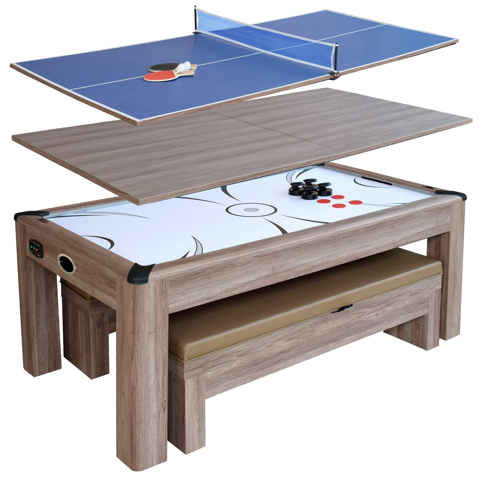 Hathaway Driftwood 7-ft Air Hockey Table Tennis Combination with Dining Top, Two Storage Benches, Free Accessories