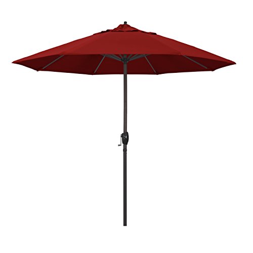  California Umbrella ATA908117-5403 9 'ラウンドアルミニウムマーケット、クランクリフト、オートチルト、ブロンズポール、サンブレラジョッキーレッドフ...