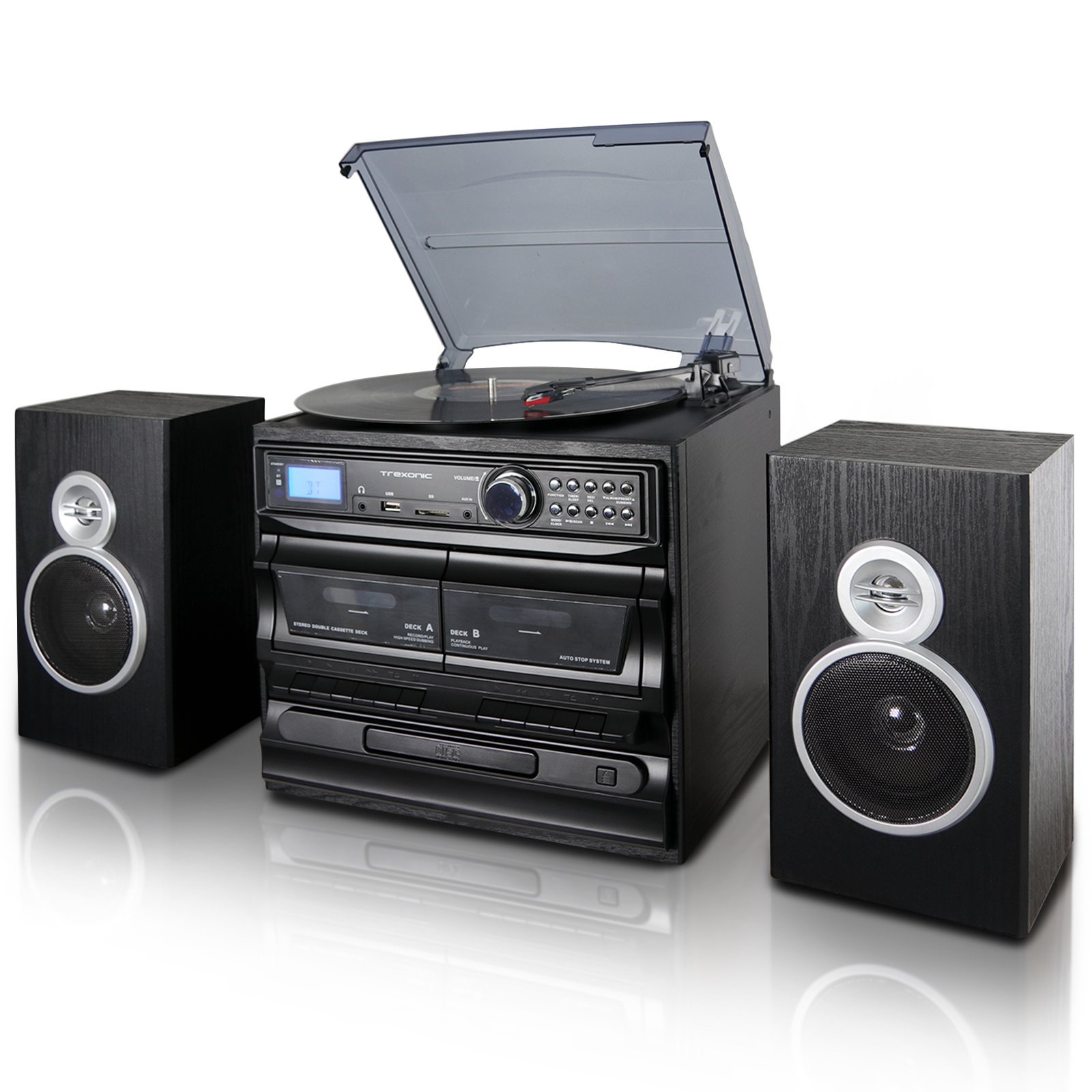 Trexonic CD プレーヤー、デュアル カセット プレーヤー、Bt、FM ラジオ、USB/SD 録音、有線シェルフ スピーカー付き 3 スピード ターンテーブル